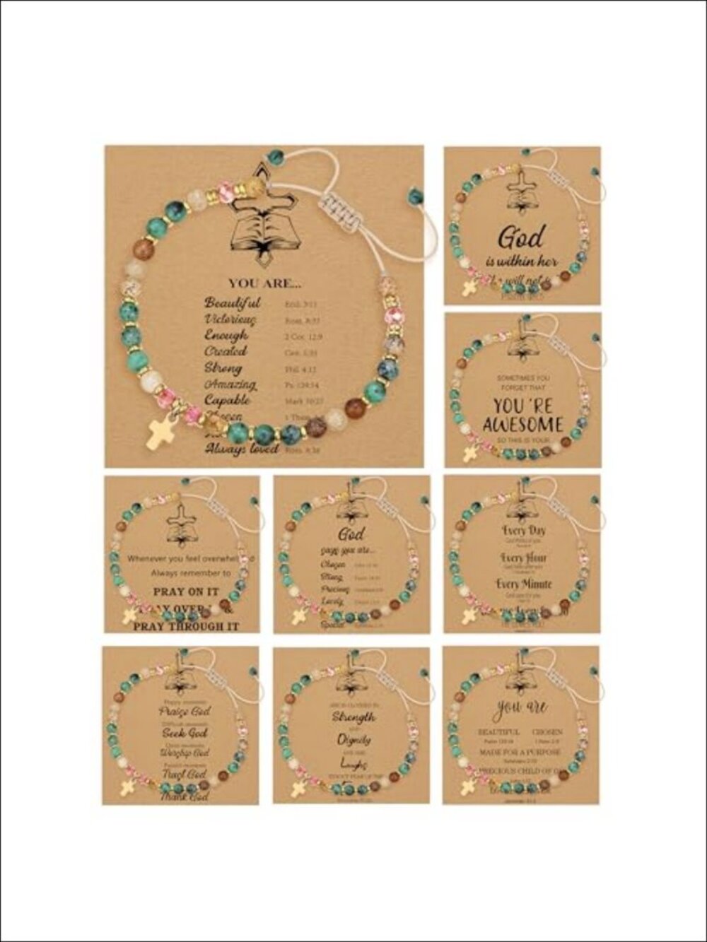 9PCS Cross Bracelet Set Natural Stone Beads Adjustable Nylon Rope Christian